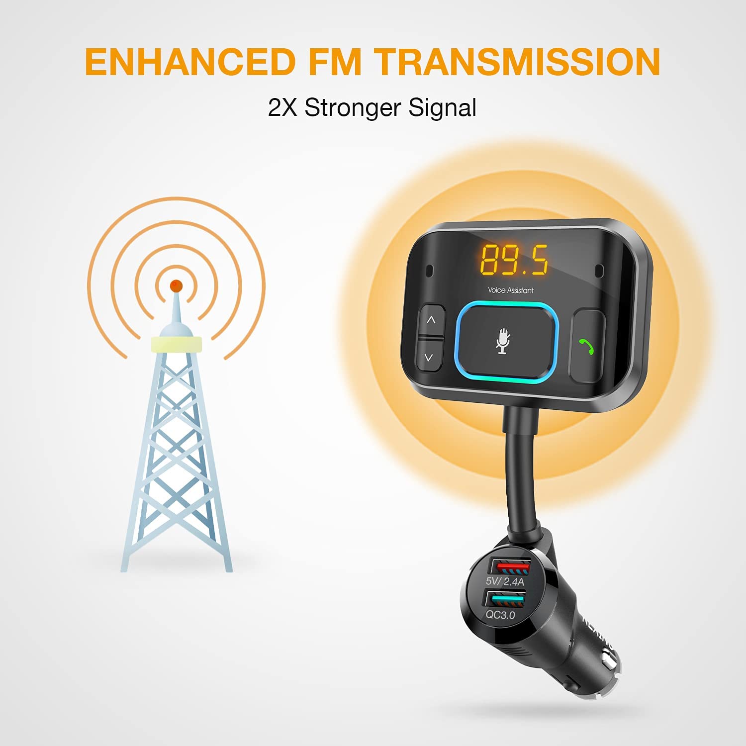 Rexing FMVC2 FM Transmitter w/ Voice Control Bluetooth 5.0 Hands-Free Car Kit