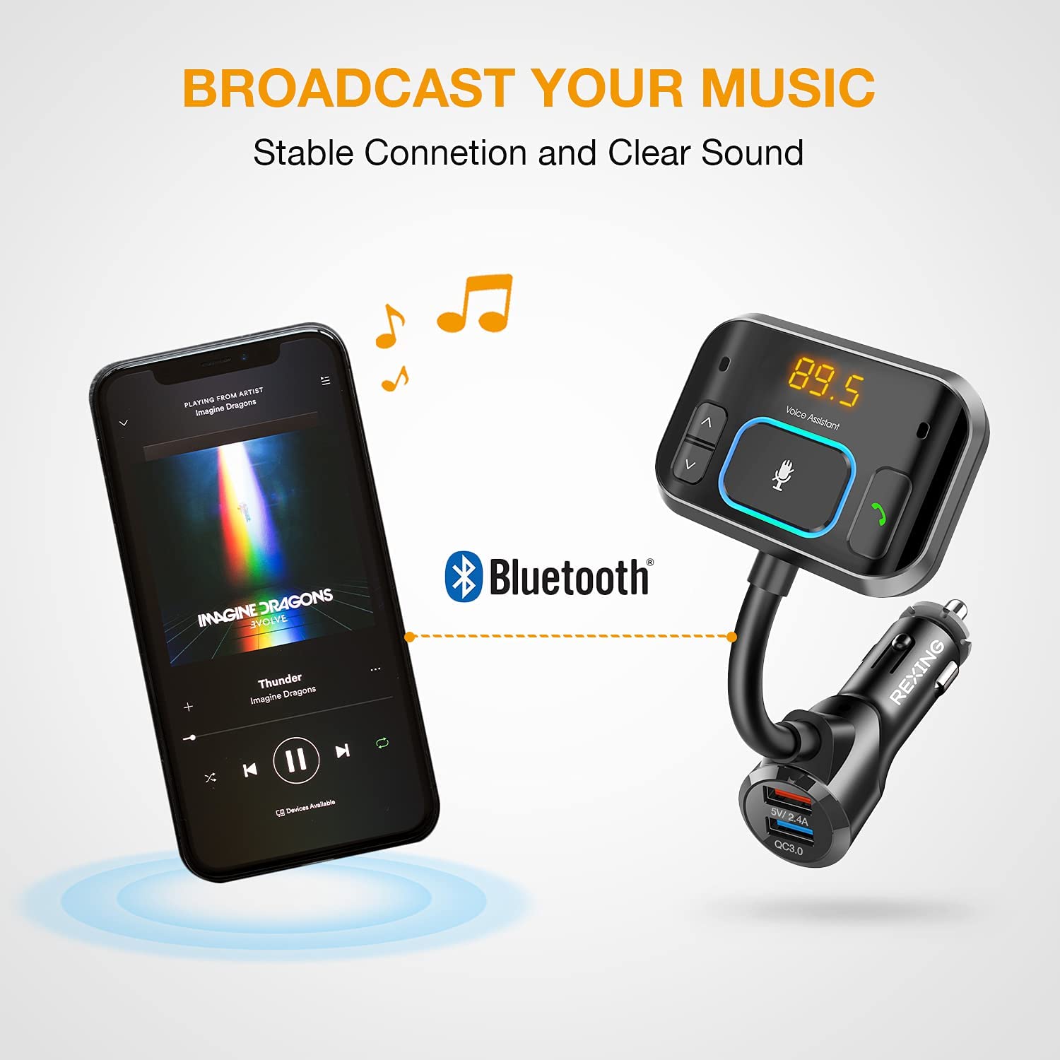 Rexing FMVC2 FM Transmitter w/ Voice Control Bluetooth 5.0 Hands-Free Car Kit
