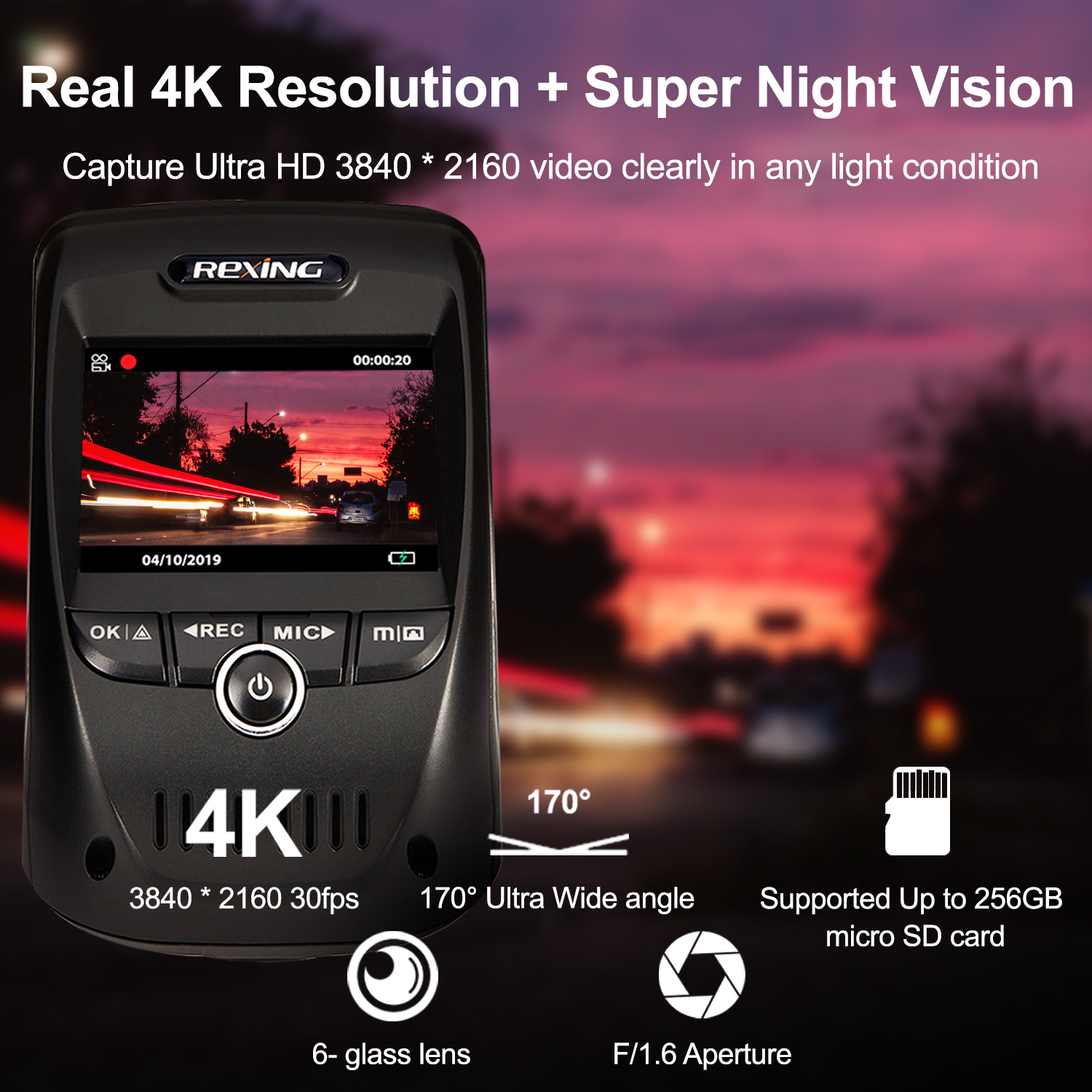 Rexing V1 MAX 4K Dash Cam with Wi-Fi and GPS