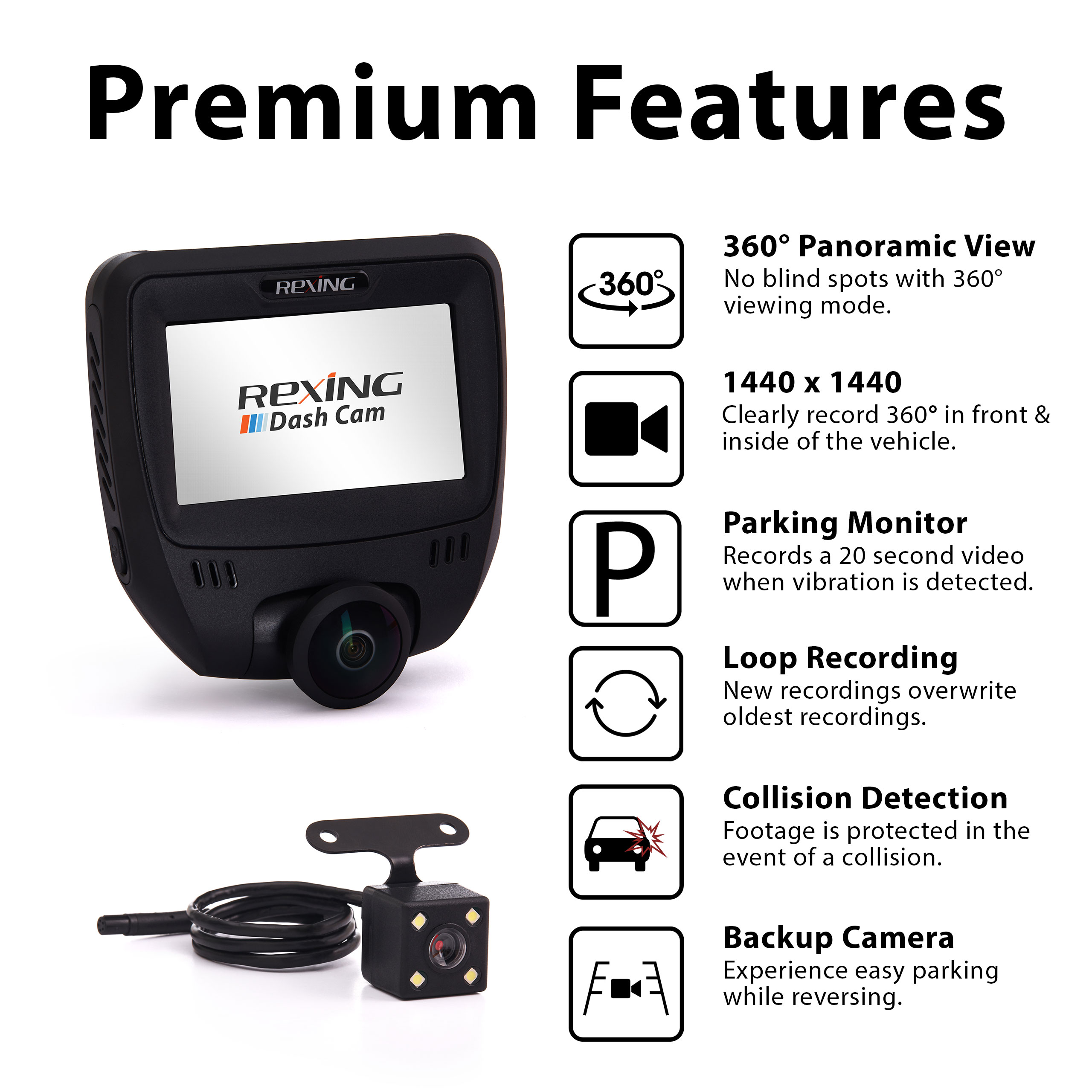Rexing V360 Dual Channel Dashboard Camera Recorder Car Dash Cam with Rear Camera
