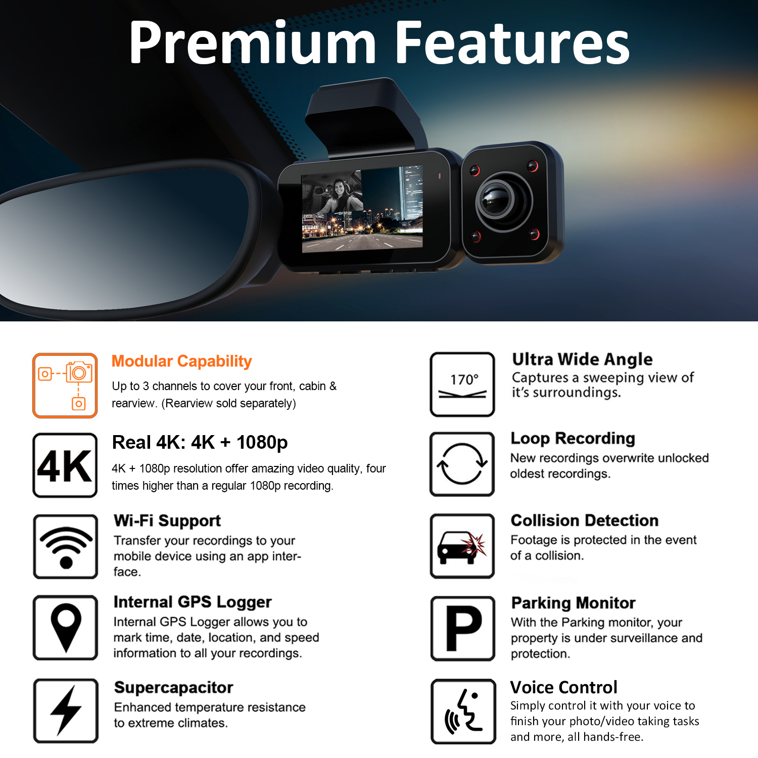 REXING V5C Basic Dash Cam Front 4K & 1080p Cabin Camera w/ Modular Capabilities, WiFi, and GPS