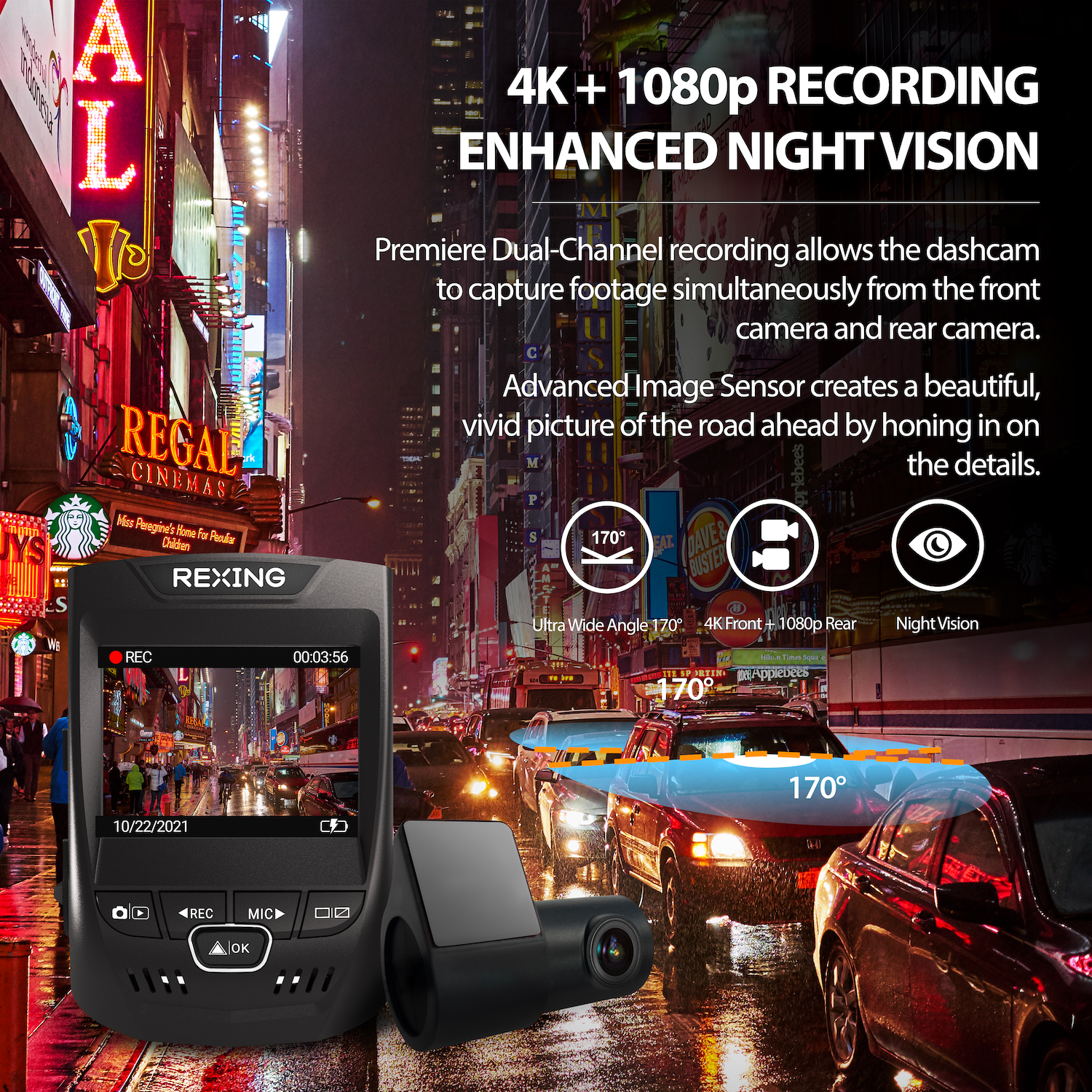 Rexing V1PGW-4K Dual Channel Car Dash Cam 2160p Front + 1080p Rear w/ Built-In GPS and Wi-Fi
