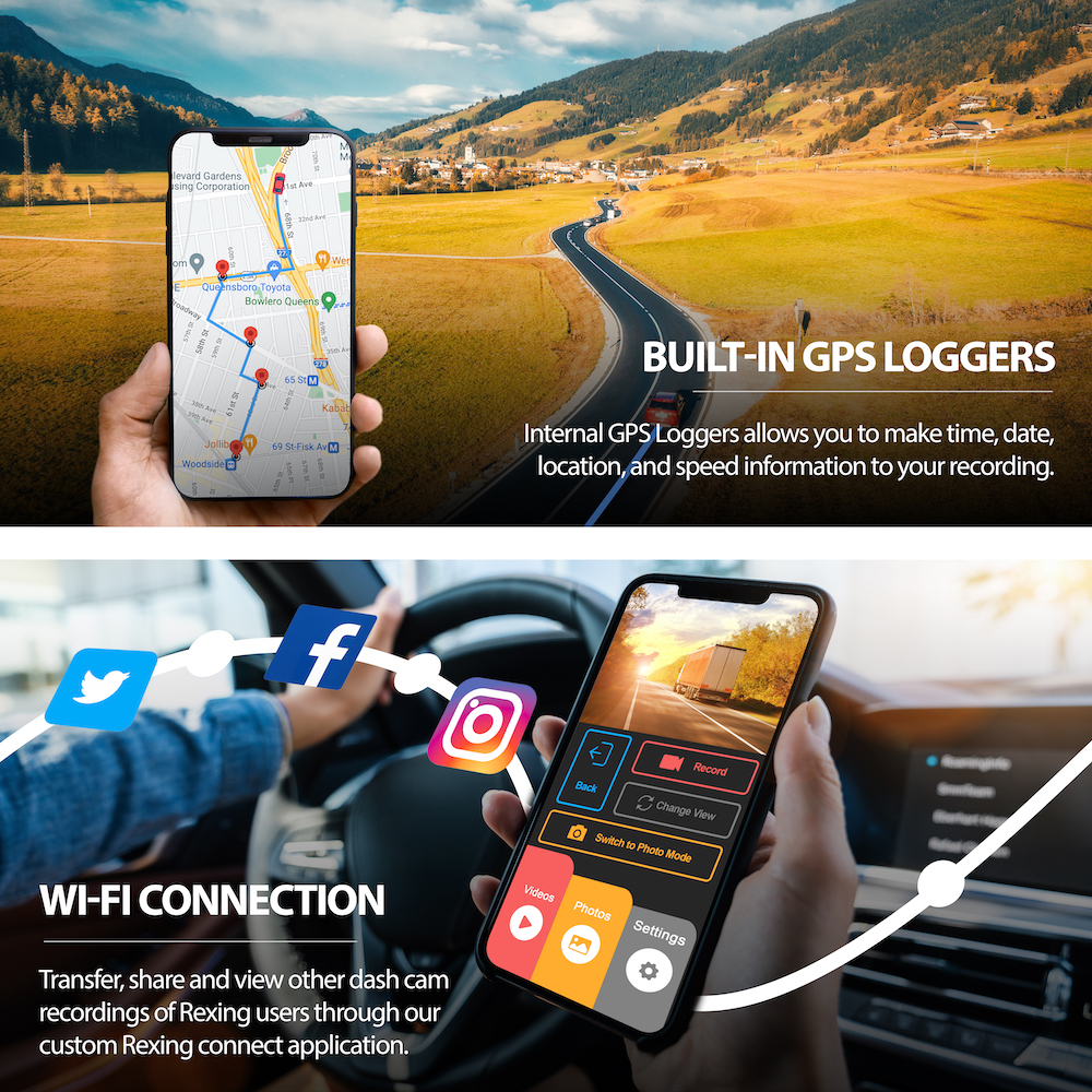 Rexing V1PGW-4K Dual Channel Car Dash Cam 2160p Front + 1080p Rear w/ Built-In GPS and Wi-Fi
