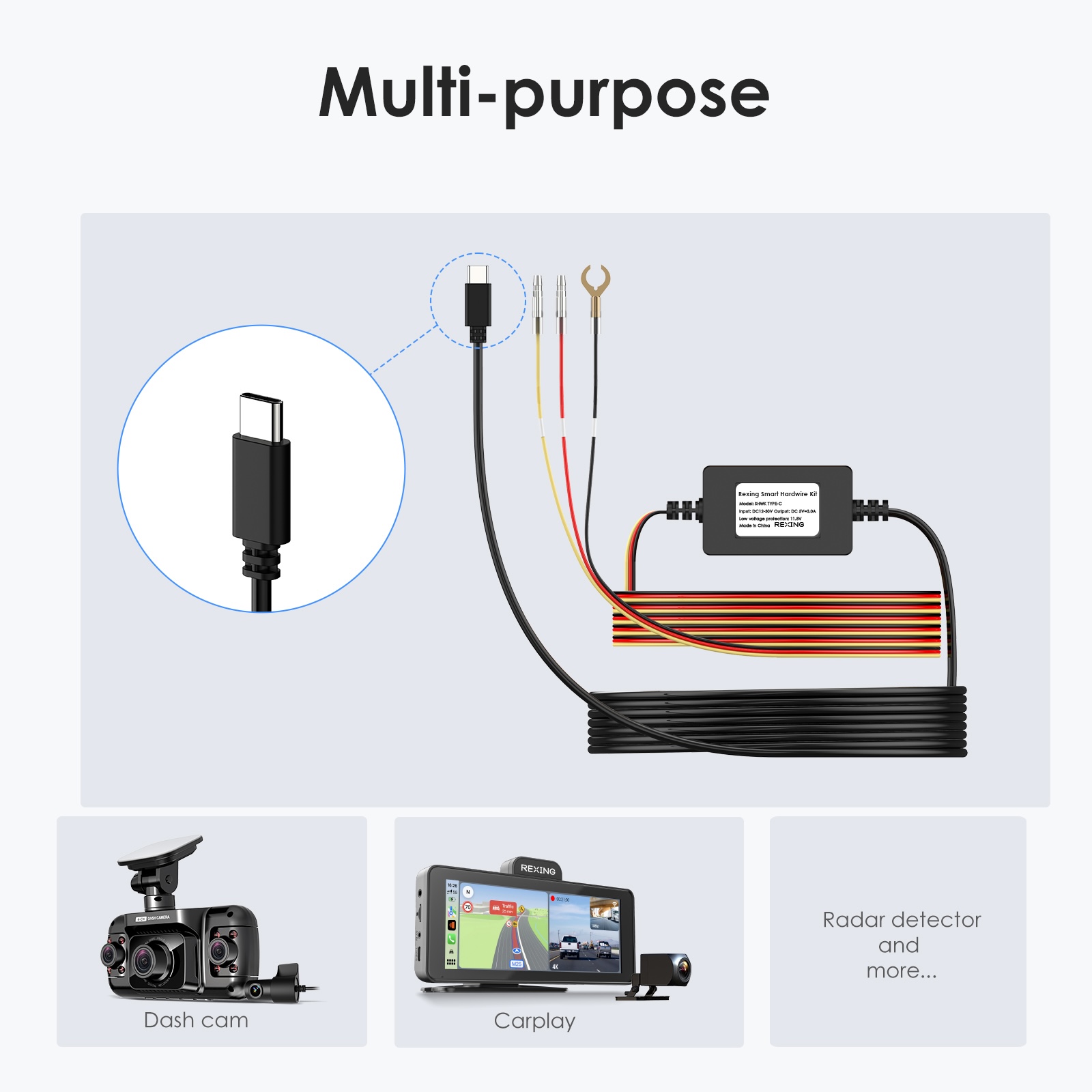 Rexing Dash Cam Smart Hardwire Kit, Type-C Hard Wire Kit Fuse Only for R4, DT2, M3, M2 Max, M2-4, M4-4, RH2 Series, and CPDuo, Rexing 12V-30V to 5V/2A