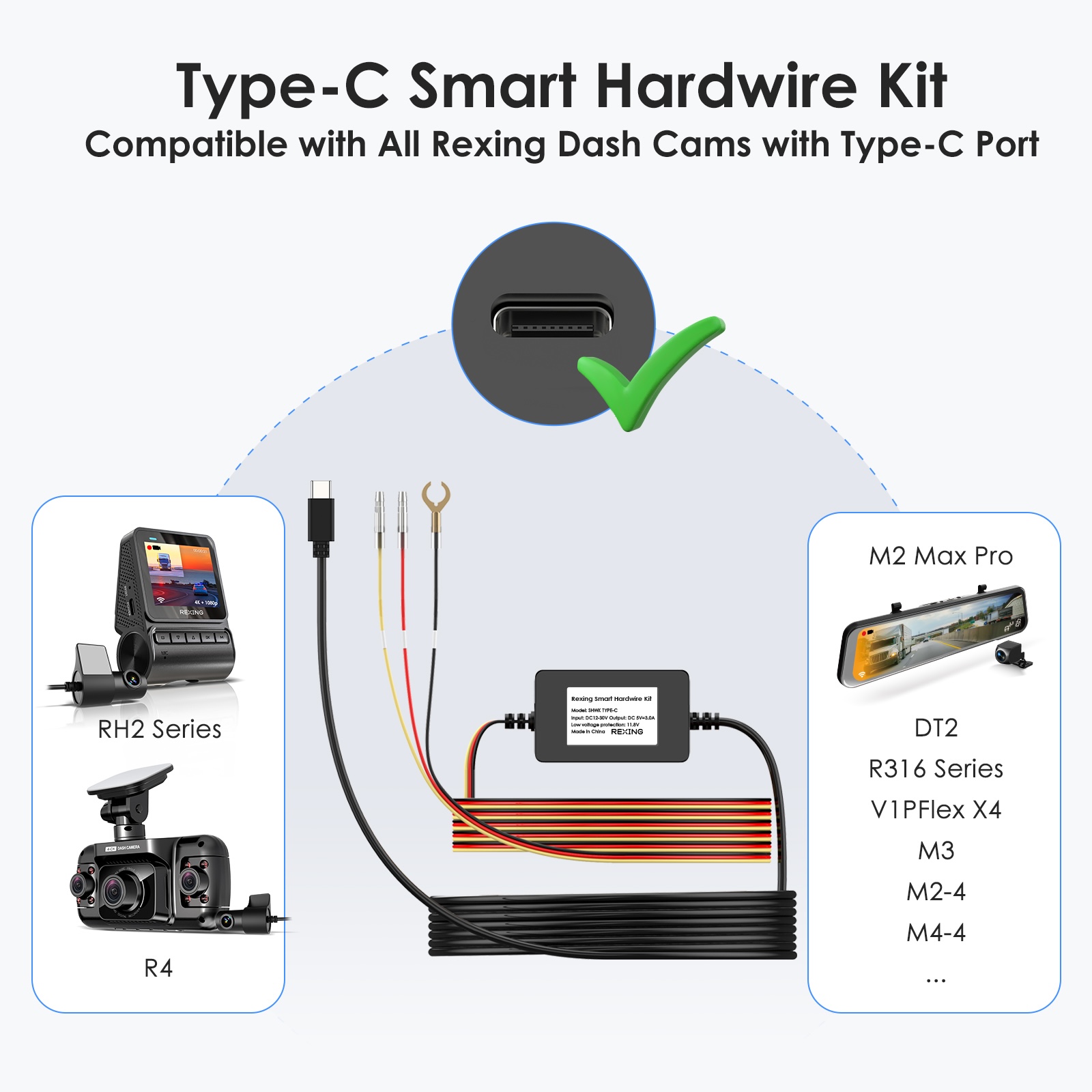 Rexing Dash Cam Smart Hardwire Kit, Type-C Hard Wire Kit Fuse Only for R4, DT2, M3, M2 Max, M2-4, M4-4, RH2 Series, and CPDuo, Rexing 12V-30V to 5V/2A