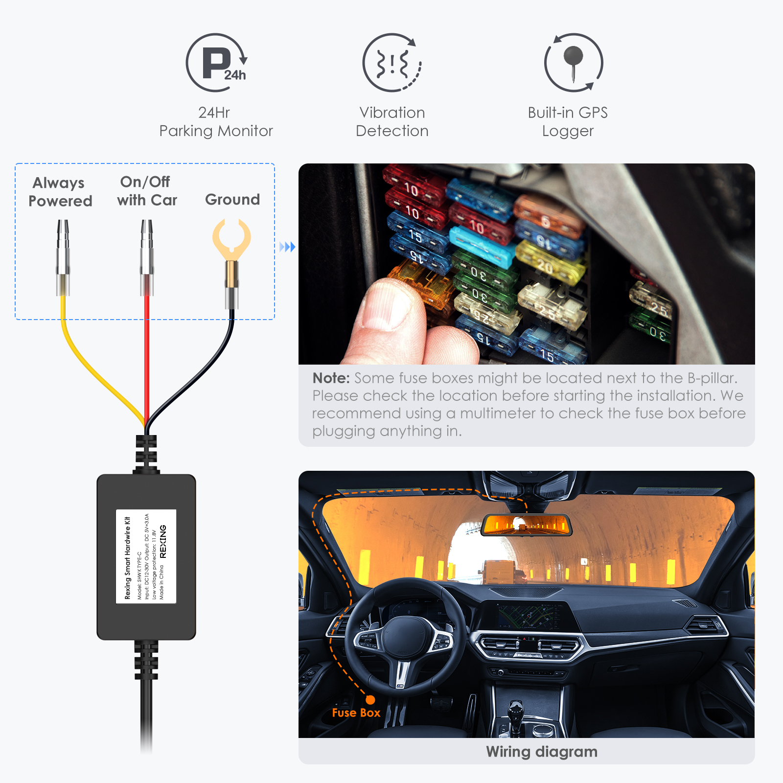 Rexing Dash Cam Smart Hardwire Kit with GPS Logger, Type-C Hard Wire Kit Fuse Only for R4 Dashcam and RH2 Series, Rexing 12V-30V to 5V/2A Type-C Port