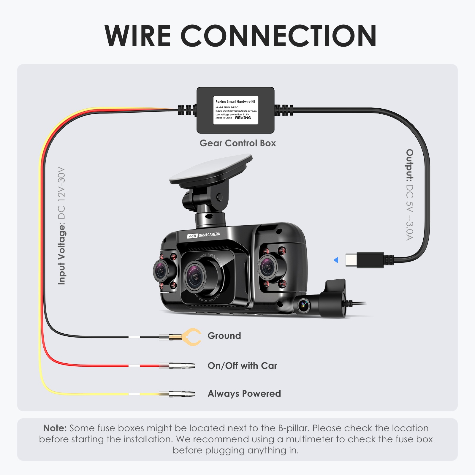 Rexing Dash Cam Smart Hardwire Kit with GPS Logger, Type-C Hard Wire Kit Fuse Only for R4 Dashcam and RH2 Series, Rexing 12V-30V to 5V/2A Type-C Port