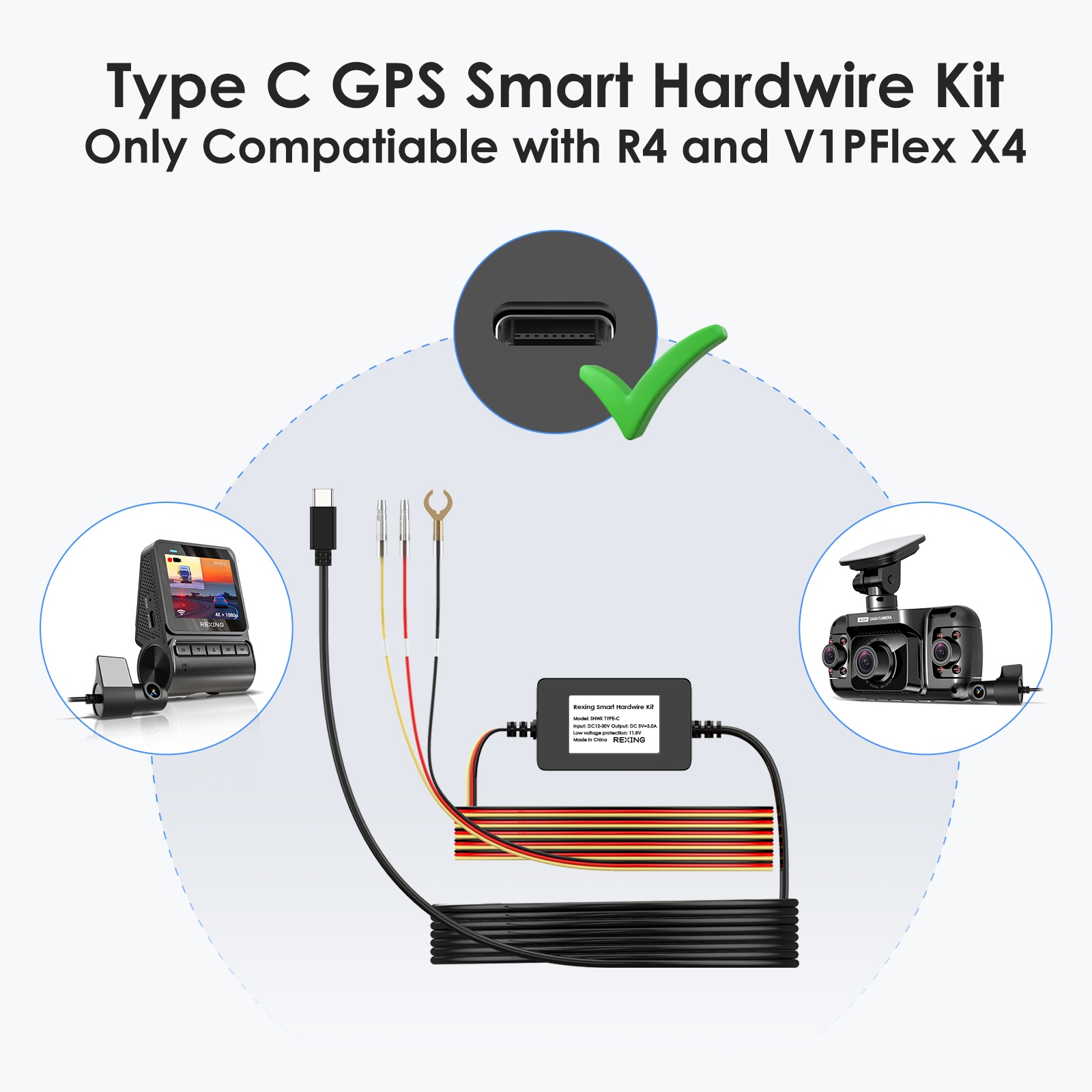 Rexing Dash Cam Smart Hardwire Kit with GPS Logger, Type-C Hard Wire Kit Fuse Only for R4 Dashcam and RH2 Series, Rexing 12V-30V to 5V/2A Type-C Port