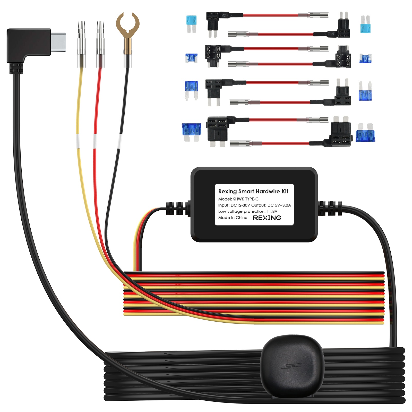Rexing Dash Cam Smart Hardwire Kit with GPS Logger, Type-C Hard Wire Kit Fuse Only for R4 Dashcam and RH2 Series, Rexing 12V-30V to 5V/2A Type-C Port