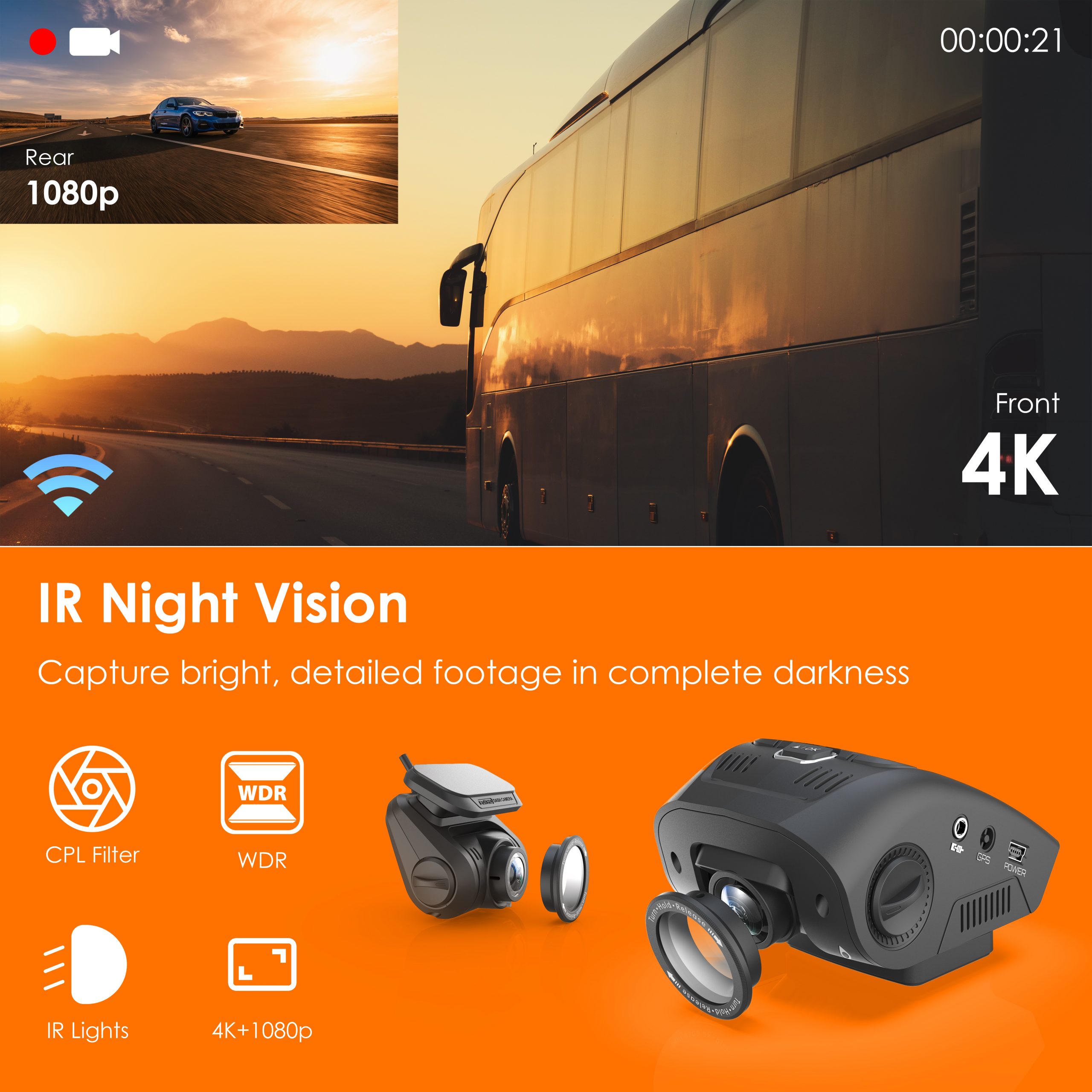 Rexing V1P SE 4K Dual Channel Car Dash Cam w/ GPS, Wi-Fi & Bonus CPL Filters - V1P SE