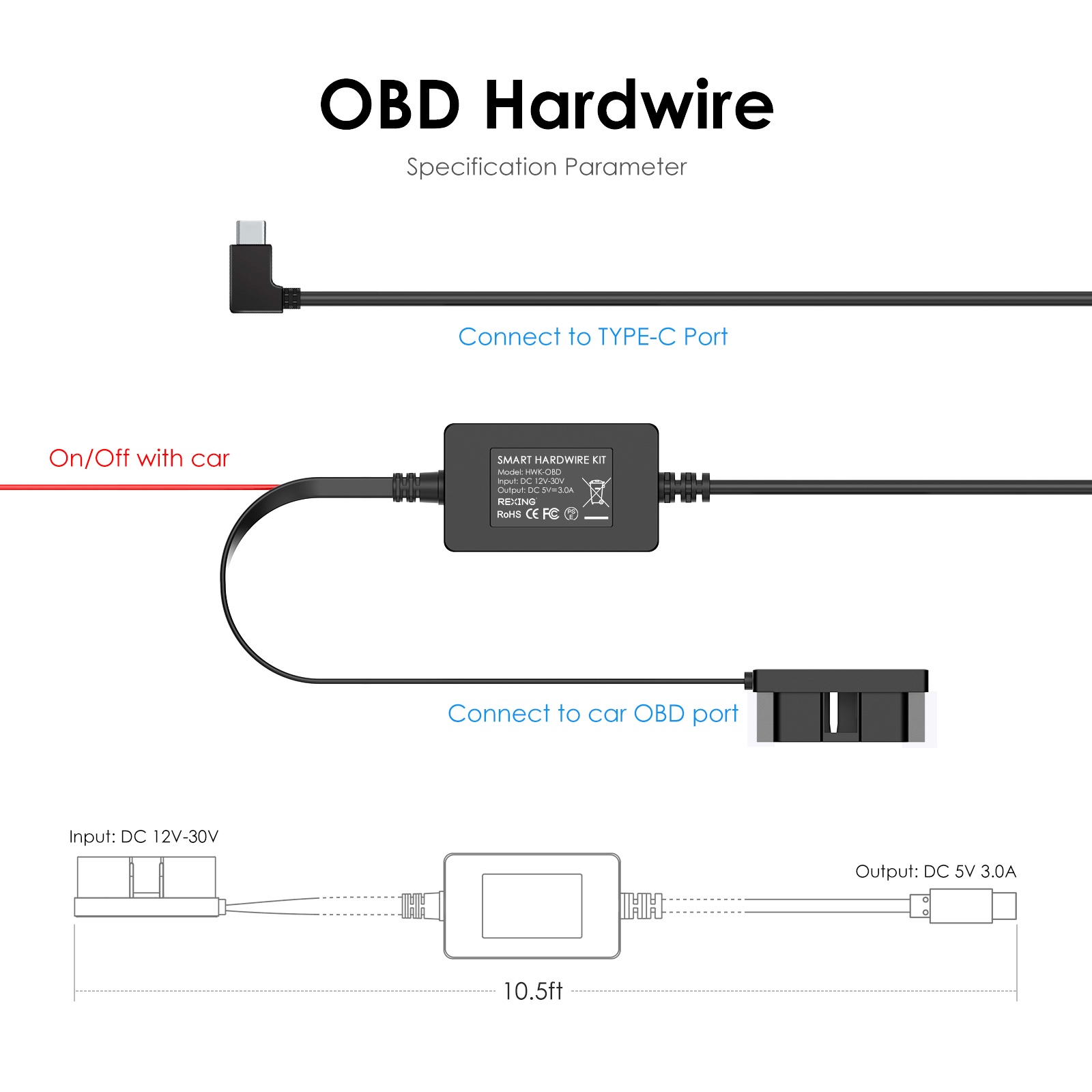 Rexing Dash Cam Hardwire Kit with OBD Interface, 24/7 Parking Mode, ACC Detection, Low Voltage Protection, 12V-30V to 5V/3A, 10.5ft Type C Cable