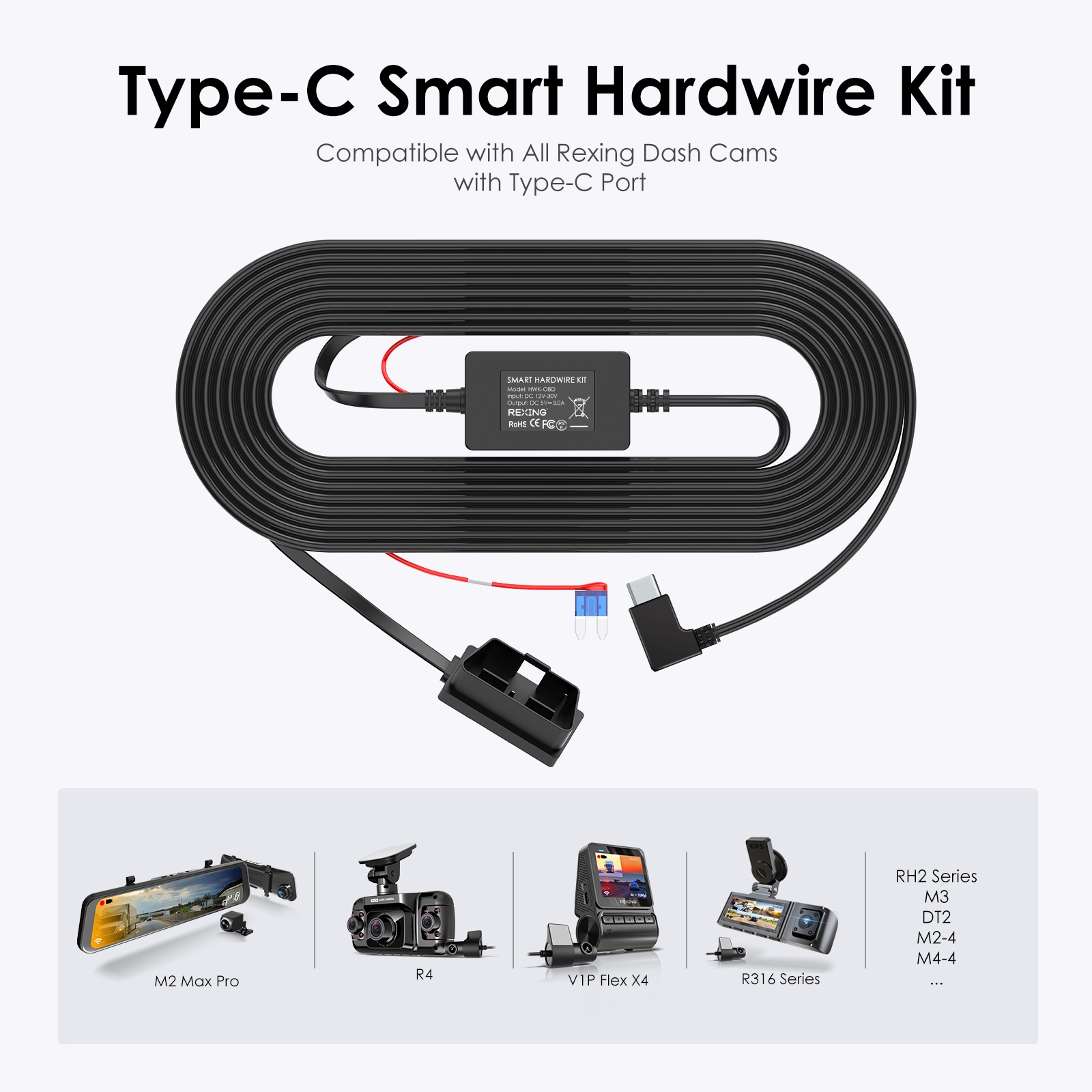 Rexing Dash Cam Hardwire Kit with OBD Interface, 24/7 Parking Mode, ACC Detection, Low Voltage Protection, 12V-30V to 5V/3A, 10.5ft Type C Cable