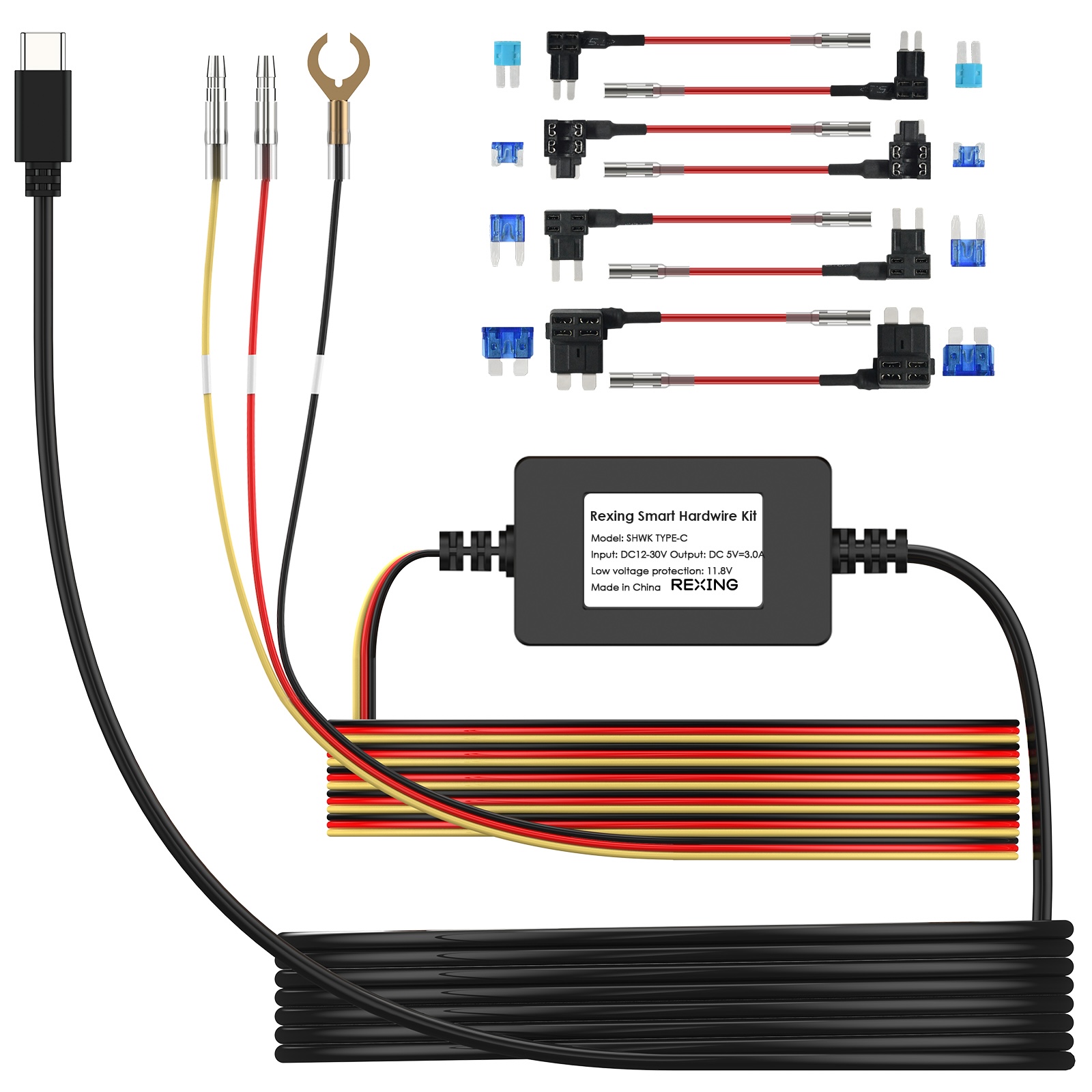 Rexing Dash Cam Smart Hardwire Kit, Type-C Hard Wire Kit Fuse Only for R4, DT2, M3, M2 Max, M2-4, M4-4, RH2 Series, and CPDuo, Rexing 12V-30V to 5V/2A